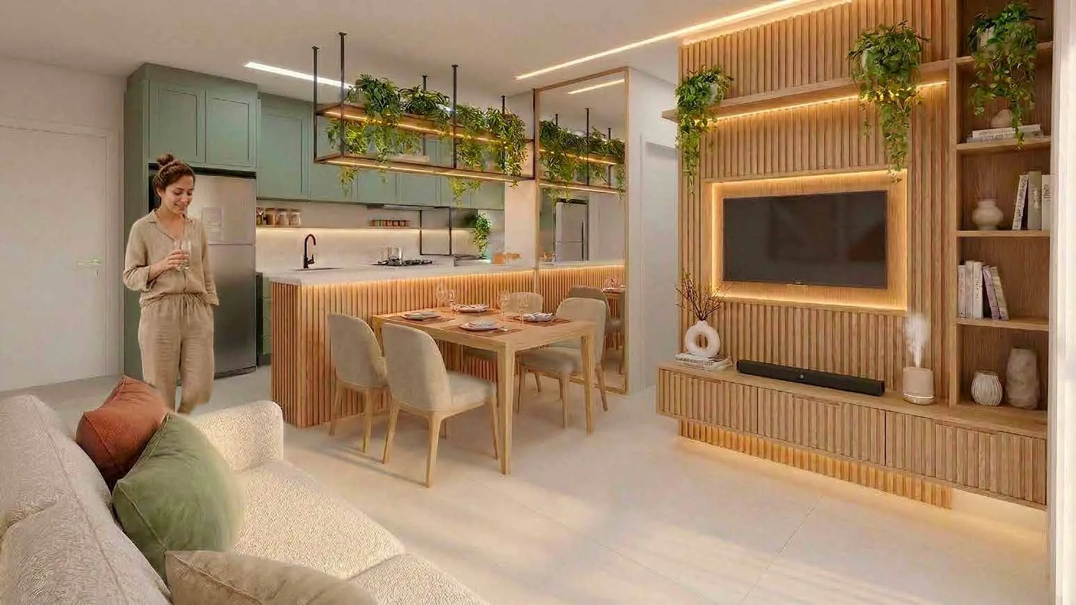 Sala e cozinha integradas (apartamento decorado)