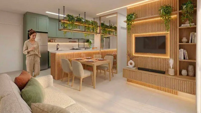 Sala e cozinha integradas do apartamento decorado