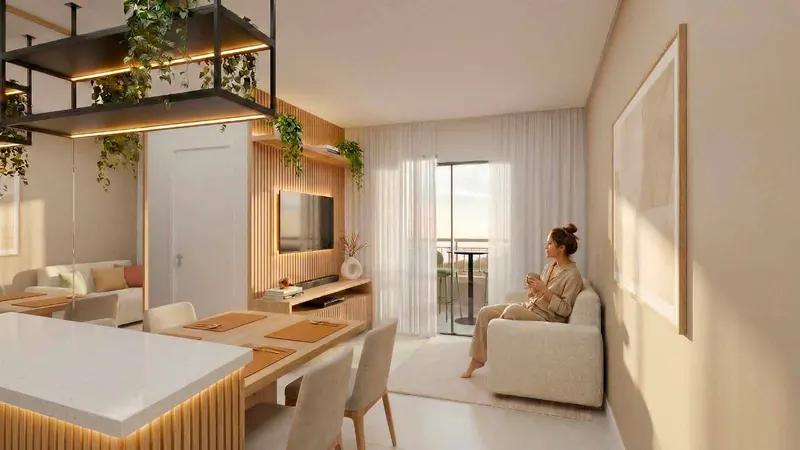 Sala com acesso à varanda do apartamento decorado